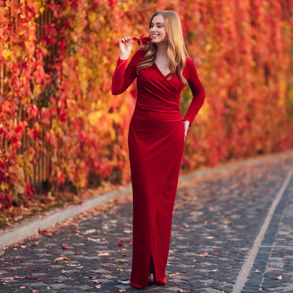 Vestido largo de terciopelo burdeos, ajustado y cruzado, para dama de honor, de terciopelo, para invitada de boda, de terciopelo, para noche de Año Nuevo, maxivestido